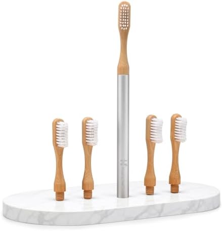 The Solo Toothbrush, Aluminum Handle Bamboo Toothbrush with Replaceable Bamboo Heads, 100% Plant-Based Castor Oil Bristles, No Nylon Bristles, Plastic-Free Handle, Natural Toothbrush for Adults by HuggingTree