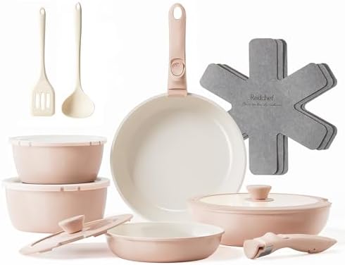 Redchef 16pcs Ceramic Pots and Pans Set Non Stick, Nonstick Kitchen Cookware Set with Detachable Handle, Non Toxic, PFAS PFOA & PTFE Free, RV Cookware Set for Camping, Dishwasher/Oven Safe (Pink) by Redchef