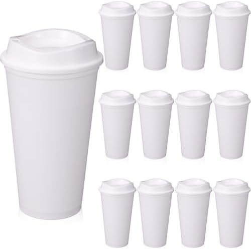 12 Pcs 16 Oz Reusable Coffee Cups with Lids - Plastic Travel Hot Cups Bulk Coffee Tumblers for DIY Hot Cold Drinks Party Favors Coworker (White) by Unknown
