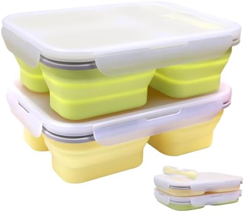 2 Pack Big Collapsible Silicone Bento Lunch Boxes With Lids spoons forks,3 Compartments, Divided Lunch Food Storage Containers, Safe in Microwave, Dishwasher and Freezer, 45.6oz (Yellow+Green) by FUSMYE