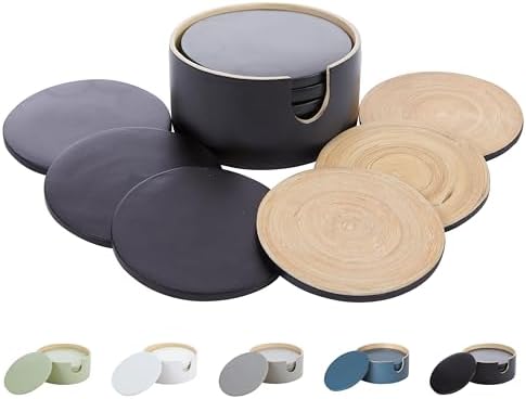 Bamboo Coasters - Spun Bamboo Wood Coaster Set with Holder for Coffee Table (Black) by HABITAAS