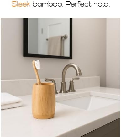 Bamboo Toothbrush Holder 2 Pack, Simple Cylindrical Tumbler Set - Image 2