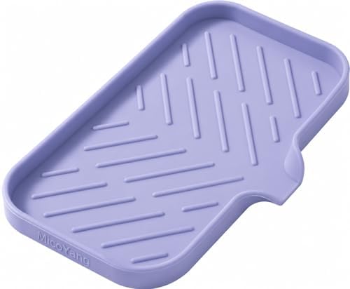 MicoYang Silicone Soap Dish with Drain Spout — Self-Draining Sink Organizer Tray for Bathroom & Kitchen, Sponges, Dispensers & Soap Holder, Non-Slip & Dishwasher Safe, Light Purple (Medium, 9.6"×5.3") by MicoYang