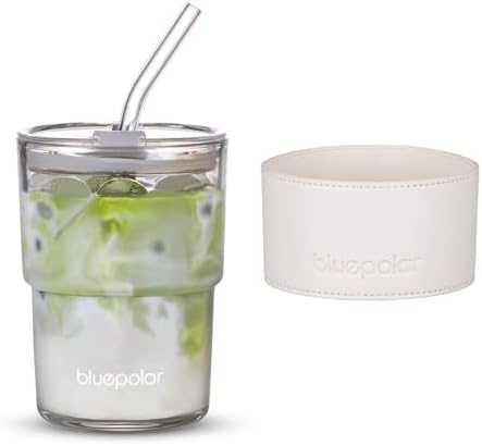 BLUEPOLAR 13oz/400ml Glass Water Tumbler with Straw and Lid Sealed Carry on Thick Wall Iced Coffee Cup for Water, Iced Tea, Fruit Juice (White with Protective Sleeve) by BLUEPOLAR