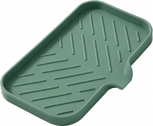 MicoYang Silicone Soap Dish with Drain Spout — Self-Draining Sink Organizer Tray for Bathroom & Kitchen, Sponges, Dispensers & Soap Holder, Non-Slip & Dishwasher Safe, Green (Medium, 9.6"×5.3") by MicoYang