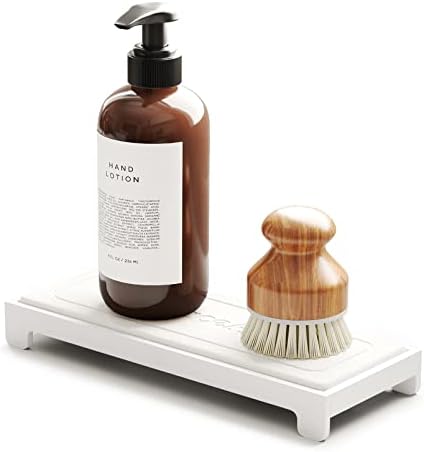 SpaceAid DryingNeat Sink Organizer, Instant Dry Sink Caddy Organizers, Kitchen Sponge Soap Holder Dispenser, Countertop Fast Drying Counter Tray Rack (Bamboo Rack, White) by SpaceAid