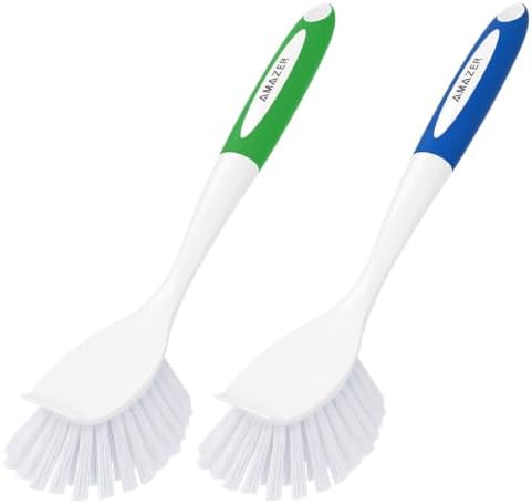 Amazer Dish Brush with Handle, 2 Pack Kitchen Scrub Brushes for Cleaning, Dish Scrubber with Stiff Bristles for Sink, Pots, Pans by Amazer