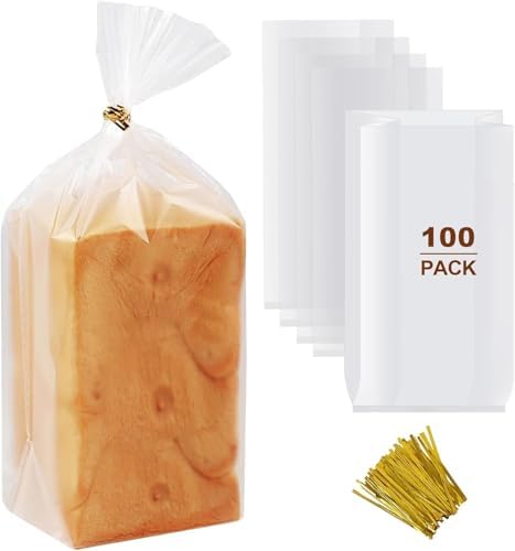 vivinin 100 Pack Bread Bags & 100 Pack Ties, 8" x 4" x 18" Clear Bread Bags for Homemade Bread, Reusable Plastic Bread Storage Bags for Bakers, Bakery Owners by vivinin