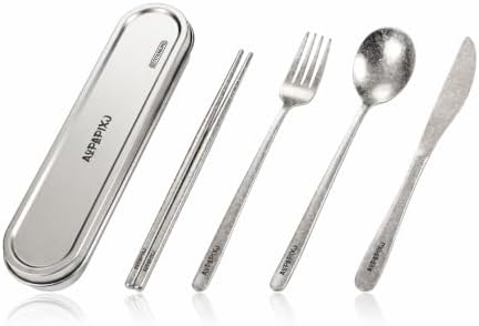 100% Pure Titanium Cutlery Set, Snowflake Pattern Titanium Tableware with 304 Stainless Steel Case & Silicone Holder, Ultralight Portable Utensils with Bonus Carry Bag for Camping by AOPAPIXJ