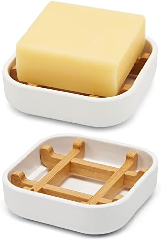 Bamboo Soap Dishes for Bar Soap Holders for Shower for Bathroom Sink Bulk Small Wooden Soap Tray Jabonera Pretty Neat Ventilated Soap Dish Disj Disk, Detachable (Single Rounded White) by Fufengz