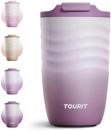 TOURIT 12 oz Travel Coffee Mug, Vacuum Insulated Stainless Steel Tumbler with Ripple-Wave Anti-Slip Grip, Built-in Silicone Bottom for Quiet & Stable, Leak-Proof Lid, Fits Car Cup Holder, Mist Purple by TOURIT