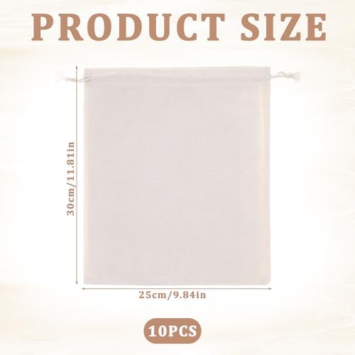 10 Pcs Reusable Produce Bags, 12"x10" Natural Linen Bread Bag Muslin Bags with Drawstring, X-Large Washable Fabric Multipurpose Canvas Cloth Gift Bag for Kitchen Food Storage, Shoe Grocery Organizer - Image 4