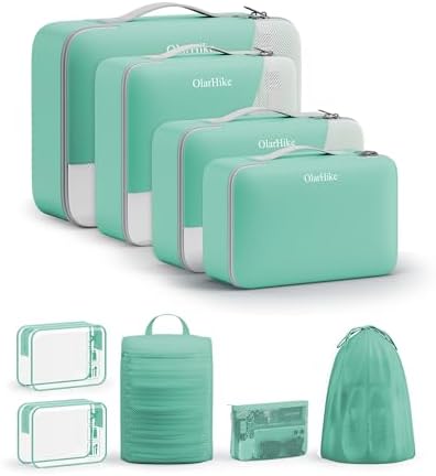 OlarHike Packing Cubes for Travel,Gifts for Women Mom,Anti-Tearing Suitcase Organizer for Luggage with Shoe & Hanging Toiletry Bag,Vacation Essentials & Accessories for Cruise Ship,9 Set,Light Teal by OlarHike