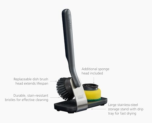 Joseph Joseph SinkTech Dish Brush and Sponge Set with Replacable Heads and Large Stainless-Steel Storage Stand Drip Tray - Image 5