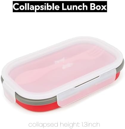 1000ml Collapsible Bento Lunch Box - Silicone Food Storage Container, Foldable Food Container with 2-in-1 Spoon Spork and Airtight Lid, Microwave Safe, Red - Image 3
