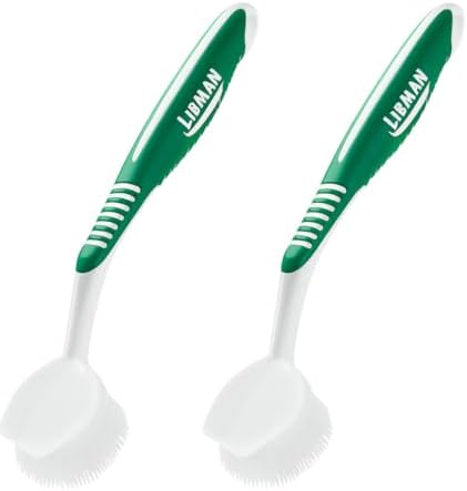 LIBMAN Dish Brush - Soft Bristle Cleaning Brush with Handle - 2 Pk Dish Scrub Brushes with Scraper for Dishwashing Dishes, Pots, Pans, Glassware - Non-Slip Comfort Grip Handle by Tribello