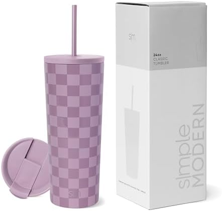 Simple Modern Insulated Tumbler with Lid and Straw | Iced Coffee Cup Reusable Stainless Steel Water Bottle Travel Mug | Gifts for Women Men Her Him | Classic Collection | 24oz | Lavender Checkmate by Unknown