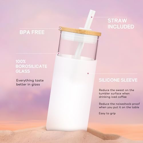 Tronco 20 oz Glass Tumbler with Lids and Straws, Reusable Iced Coffee Cups - Image 4