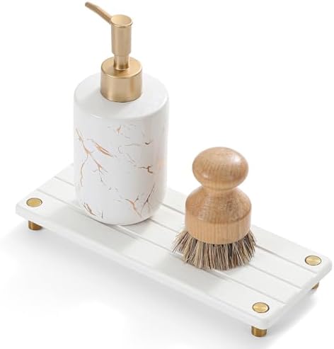 Razborci Instant Dry Sink Caddy Kitchen Sink Organizer, Quick Drying Diatomaceous Earth Stone Sink Tray Sponge Holder Soap Dish, Bathroom Countertop Vanity Dispenser Toothbrush, Gold White, 10" x 4" by Razborci