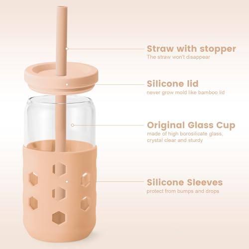 Mrsdry 16 oz Glass Cups with Lids and Straws for Gift, 4-Pack, Apricot - Image 2