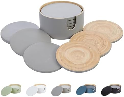 HABITAS Spun Bamboo Coasters Spun Bamboo Coasters for Drinks - Coaster Set with Bamboo Wood Coasters and Coaster Holder. Modern Coasters for Coffee Table (Gray_ by HABITAAS