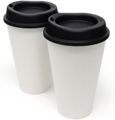 Rolling Sands USA Made 16 oz Reusable Coffee Cups with Lids 2 Pk, To Go Travel Cups, Hot or Cold Drinks, Dishwasher and Microwave Safe, White Cups, Black Lids by RollingSands