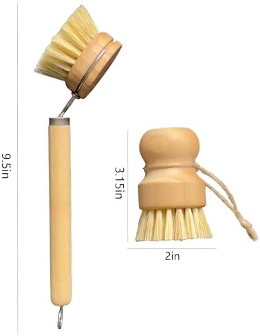 Natural Bamboo Dish Brush Set, 1 Long & 1 Short Handle Sisal Brushes with 4 Loofah Sponges, Non-Scratch Cleaning Brushes for Dishes, Pots, Cups, Vegetables & Sinks - Image 2
