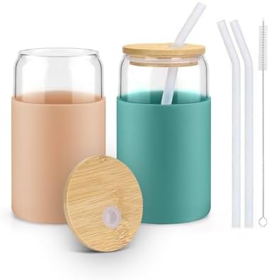 16 oz Glass Cups with Lids - 2 Pack Iced Coffee Cups with Silicone Sleeves by sungwoo