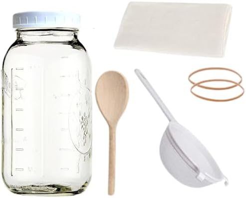 Jarming Collections Complete Kefir Starter Kit/Kombucha Fermentor Kit-1 Mason Jar Wide Mouth-Plastic Storage Lid - HIC(4 Inch) Nylon Mesh Strainer-Cotton Cloth Cover and Wood Spoon (Half Gallon) by JARMINGCOLLECTIONS