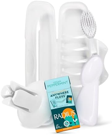RADIUS Vacation Pastel Bundle, Includes Left Handed Big Brush with Replaceable Head, Toothbrush Travel Case, DOC Toothbrush Holder, Anywhere Travel Floss Packette, White, 4 Piece Bundle by RADIUSCorporation