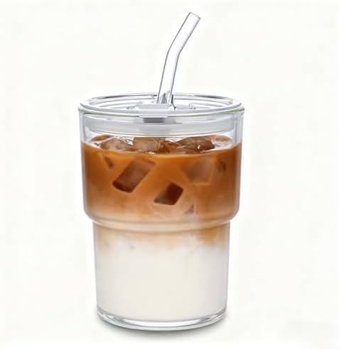 13oz Iced Coffee Cup, Reusable Glass Tumbler with Straw and Lid, Thick Wall Glass Cups with Lids and Straws for Matcha, Smoothies, Drinking Glassware Water Cups (clear-4pack) - Image 5