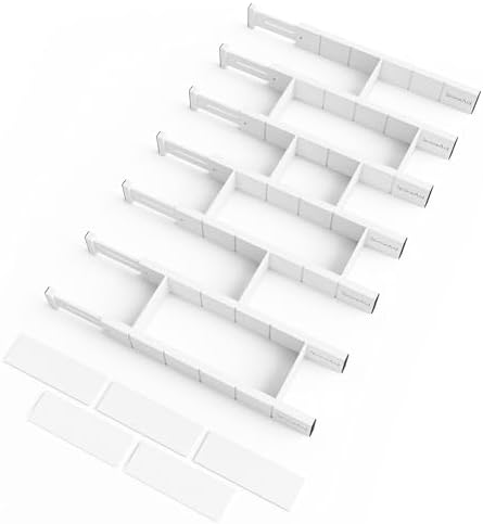 SpaceAid Bamboo Drawer Dividers with Inserts and Labels, Kitchen Adjustable Drawer Organizers, Expandable Organization for Home, Office, Dressers, 7 Dividers with 15 Inserts (17"-22" White) by SpaceAid