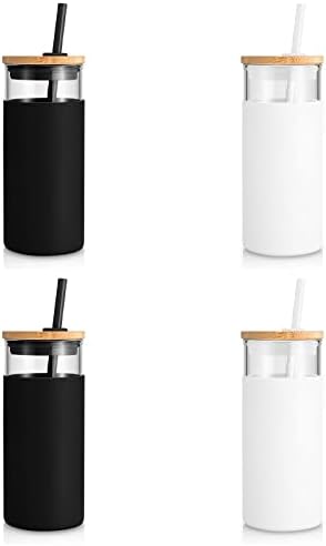 Tronco 20 oz Glass Tumbler with Lid and Straw, Iced Coffee Cup and Smoothie Cup with Bamboo Lids & Protective Silicone Sleeve, Dishwasher Safe, BPA-Free, Glass Cup 4 Pack by Tronco