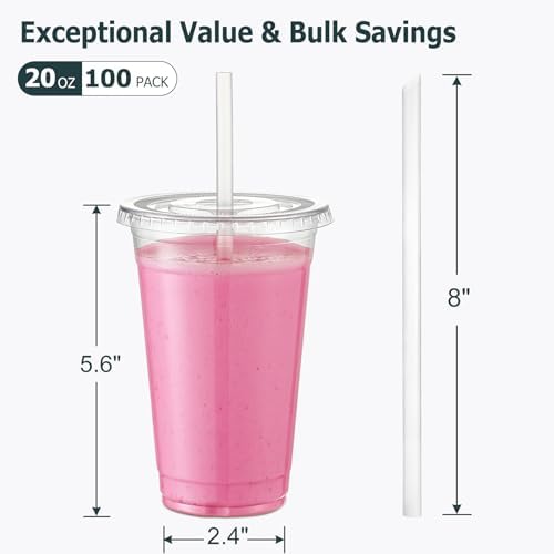 AOZITA [100 Sets] 20 oz Clear Plastic Cups With Lids and Straws, Iced Coffee Cups Disposable Cups for Iced Coffee, Smoothie, Milkshake and Cold Drinks - Image 2