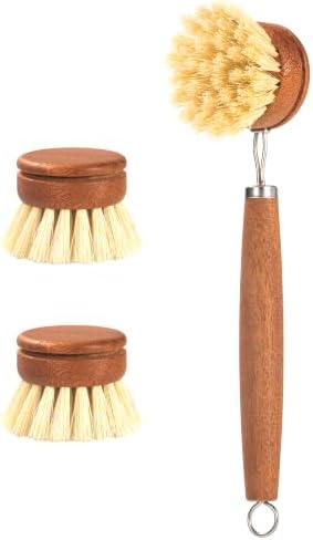 SAMEBUTECO Wood Dish Brush with Long Handle, Natural Sisal Kitchen Scrub Brushes for Fruit & Vegetable,Dishes, Pots and Pans, Includes 1 Scrubber and 2 Replacement Heads, Kraft Box, Brown by HOME