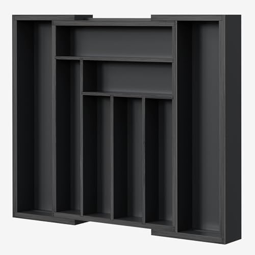 Pipishell Bamboo Expandable Drawer Organizer for Utensils Holder, Adjustable Cutlery Tray, Wood Drawer Dividers Organizer for Silverware, Flatware, Knives in Kitchen, Bedroom, Living Room (Black) by Pipishell