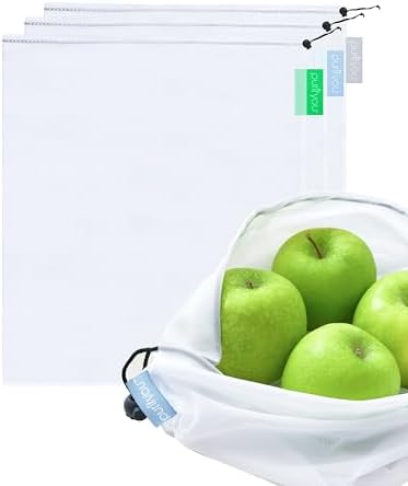purifyou Set of 3 Premium Reusable Produce Bags, Washable Farmers Market Bags for Fruits, Vegetables, Groceries, Kitchen Storage, Home Storage, Toy Organizer, Lightweight Mesh Bags (12x14in) by purifyou