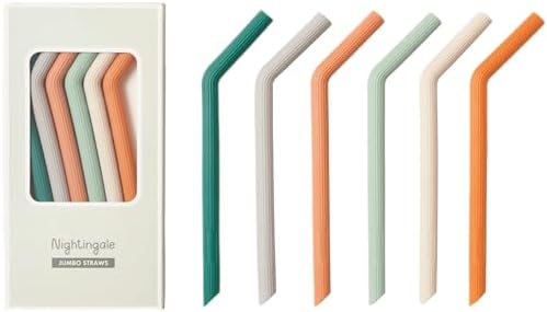 Nightingale Silicone Smoothie Straws - Flexible, Reusable Wide Drinking Straw with Cleaning Brush -Compatible w/Stanley 30oz - Bendy Boba Straws- Food-Safe, No BPA, Dishwasher Safe - Set of 6 by Nightingale