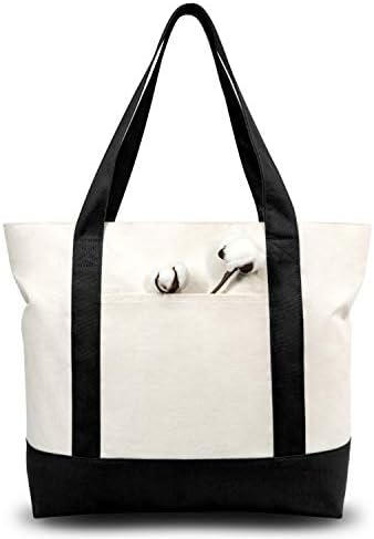 TOPDesign 3-Pack Canvas Tote Bags with an External Pocket, Reusable Grocery Shopping Bags, Top Zipper Closure, Daily Essentials (Black/Natural) by TOPDesign