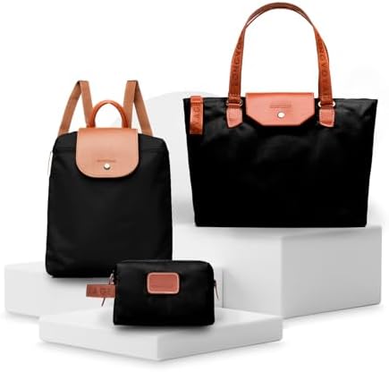 Longvoyage Bonne Vivante 3-Piece Travel Bag Set, Roll-Up Backpack, Large Waterproof Bag & Cosmetic Case, Matching Travel Accessories, Black by LONGVOYAGE
