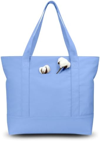 TOPDesign 3-Pack Canvas Tote Bags with an External Pocket, Reusable Grocery Shopping Bags, Top Zipper Closure, Daily Essentials (Light Blue) by TOPDesign