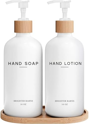 White Glass Soap and Lotion Dispenser Set with Tray by Brighter Barns - Hand Soap Dispenser Bathroom Set - Bamboo Bathroom Soap Dispenser Set - Minimalist Bathroom Accessories, Modern Home Decor by BrighterBarns