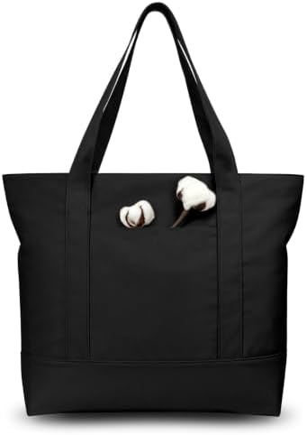 TOPDesign 1-Pack Canvas Tote Bag with an External Pocket, Reusable Grocery Shopping Bag, Top Zipper Closure, Daily Essentials (Black) by TOPDesign