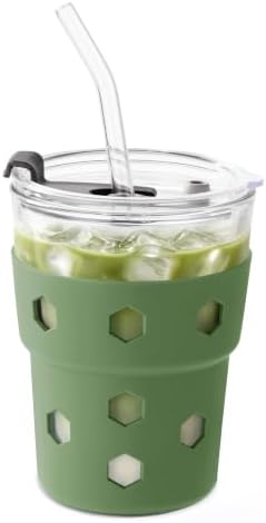 Mrsdry 12oz Iced Coffee Cup with Lids and Straws, BPA Free Reusable Glass Coffee Cups with Silicone Sleeves for Coffee, Iced tea, Thick Wall Glass Cup by Mrsdry