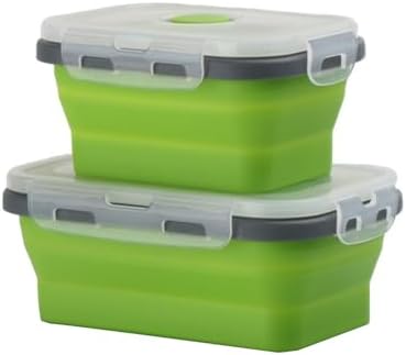 2 Pcs Collapsible Silicone Bowls with Lids, 500ml & 800ml Rectangular Foldable Food Storage Containers, Reusable Meal Prep Bowls, Microwave Freezer Safe, Ideal RV Camping Travel Accessories,Green by ABSOK