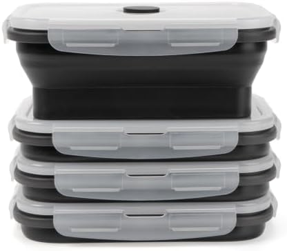 Collapsible Silicone Food Storage Containers Set with Lid & Air Vent,Foldable Lunch Containers(4PCS,Black,27oz) by SiliseaDirect