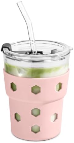 Mrsdry 12oz Iced Coffee Cup with Lids and Straws, BPA Free Reusable Glass Coffee Cups with Silicone Sleeves for Coffee, Iced tea, Thick Wall Glass Cup by Mrsdry
