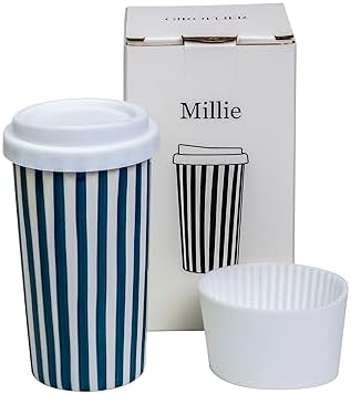 Ceramic Travel Mug with Lid 12 oz Cute Aesthetic Coffee Cup for Women & Men, Microwave & Dishwasher Safe, Spill-Resistant To Go Tumbler, Fits Car Cup Holder (Blue) by Giroflier