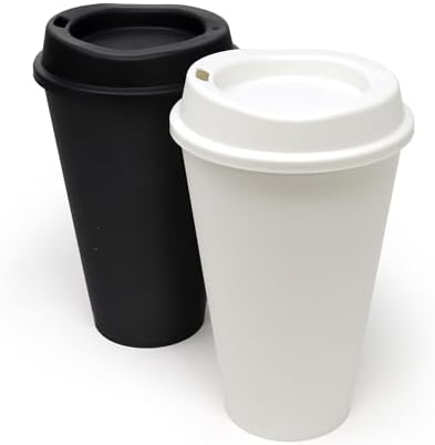 Rolling Sands USA Made 16 oz Reusable Coffee Cups with Lids 2 Pk, To Go Travel Cups, Hot or Cold Drinks, Dishwasher and Microwave Safe, Black and White by RollingSands