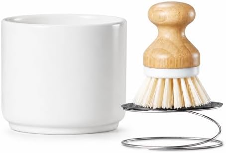 ONEMORE Bamboo Dish Brush with Ceramic Foaming Base, Kitchen Sink Scrub Brush Set with Spring and Mesh Insert, Wooden Handle Dishwashing Brush for Pots Pans Plates Bowls, White by ONEMORECeramics